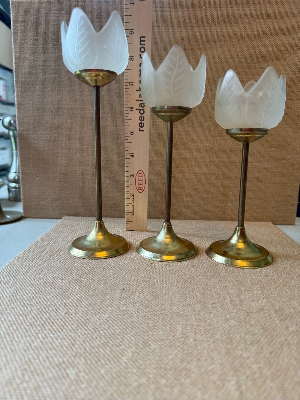 Set of 3 Frosted Glass Tulip Candlestick Holders - Brass Finish